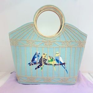 Lulu Guinness Bird Cage tote w/perky embroidery that chirps brunch accessory.